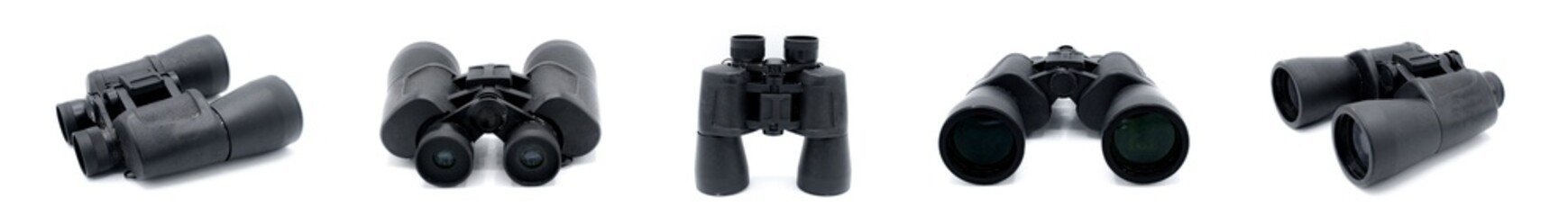 A pair of black rubber grip metal binoculars isolated on white background.  Well worn, used, dirty full of sand from being out in the field viewing wildlife.  Five views