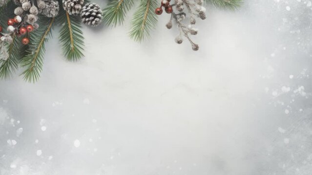 Christmas Winter snow photo Christmas concept. Top view photo of spruce branches in frost and mistletoe berries on isolated beige - Seamless loop animation, created using AI Generative Technology