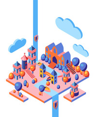 Vector low-poly isometric fairy tale city with magic towers, bridges, river, trees, islands, boats, castle and clouds. Pastel colors, gentle mood. Poster in the child's room, background, advertisement