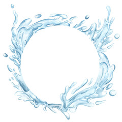 Fototapeta na wymiar Blue water round frame from splashes with drops. Watercolor hand drawn illustration isolated on white background. For flyer, design, ocean day banner circle.