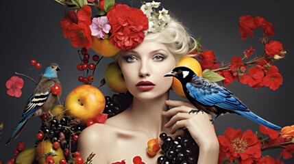 A woman with a bird on her head surrounded by fruit and flowers
