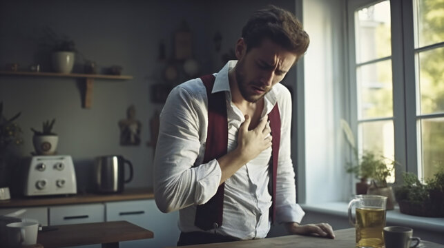 Young man having a chest pain while drinking tea at home