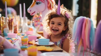 A little girl sitting at a table with cupcakes