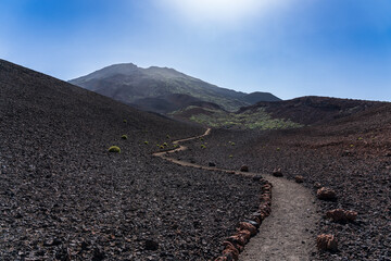 Trail to volcano Pico Viejo - the second highest peak of Tenerife. Typical volcanic landscape....