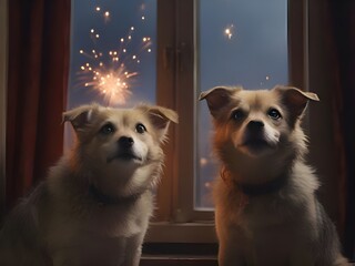 two scared dogs sitting in front of a window with fireworks outside 