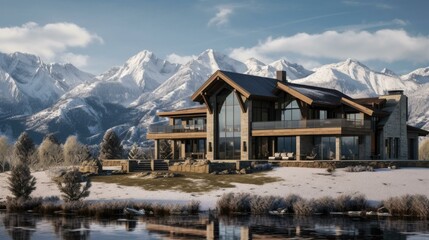 A stunning country home nestled amidst snowy mountains and a serene lake. Generative AI.