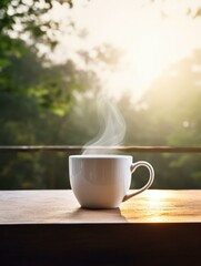 Naklejka na ściany i meble A coffee cup on a wooden table with a sunrise in the background. Generative AI.