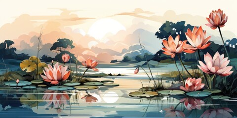 A painting of lotus flowers, water lilies in a lake