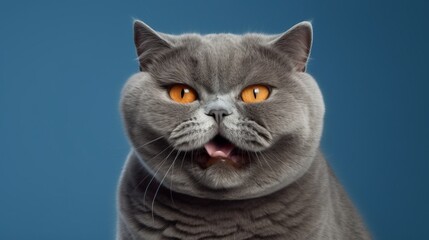 Funny portrait of happy smiling gray cat with opened mouth on Isolated blue background