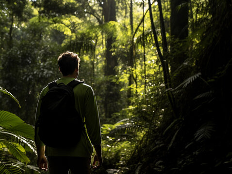 Conservationist in the rainforest, lush greenery, natural light filtering through the canopy