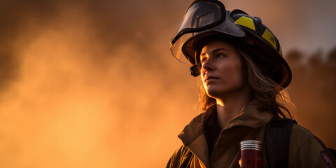 Fototapeta na wymiar Empowering identity portrait of a female firefighter, Caucasian, helmet under arm