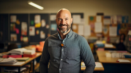 Fototapeta premium Engaging identity portrait of a Caucasian teacher, in a classroom setting