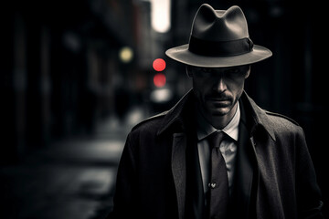 Noir detective character portrait, fedora hat, trench coat, shadowy alley backdrop - obrazy, fototapety, plakaty