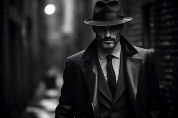 Noir detective character portrait, fedora hat, trench coat, shadowy alley backdrop - obrazy, fototapety, plakaty