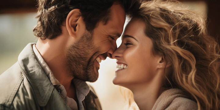 Joyous emotive portrait of a couple sharing a secret, close-up, whispering, candid moment
