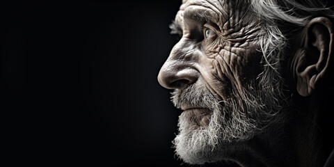 Reflective emotive portrait of an elderly person, eyes gazing into the distance, textured skin, side lighting - obrazy, fototapety, plakaty