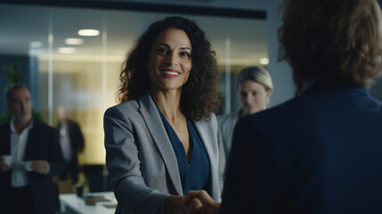 Portrait of beautiful young professional woman, businesswoman smiling in office in office on a business meeting Generation AI