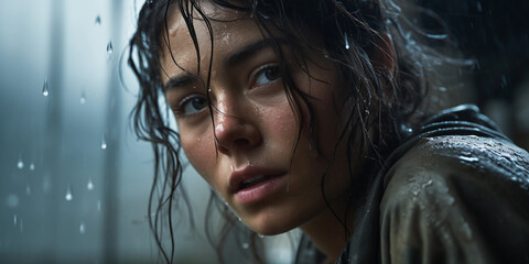 Subdued emotive portrait of a person in the rain, water droplets on the face, moody lighting