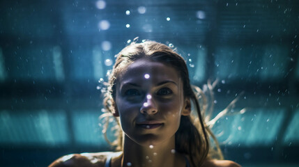 Underwater portrait of a female swimmer, streamlined form, bubbles trailing, intense concentration