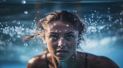 Underwater portrait of a female swimmer, streamlined form, bubbles trailing, intense concentration - obrazy, fototapety, plakaty