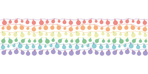 Modern seamless vector pattern Border with little Christmas balls in rainbow colours. Geometric colourful background for greeting cards, wrapping paper and stationery.