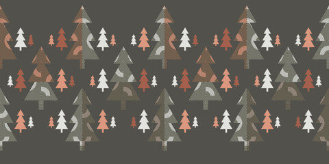 Night Christmas park with decorated geometric trees. Abstract seamless vector pattern Border suitable for wrapping paper, interior decoration and stationary.