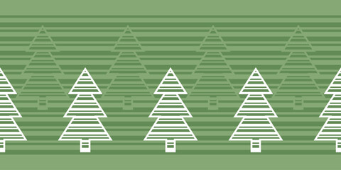 Monochrome green seamless vector pattern Border with white striped Christmas trees on striped background. Abstract geometric design for wrapping paper, interior decoration and stationary.
