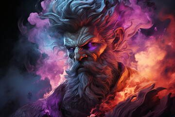 sorcerer, warlock, evil magician, witcher. a negative fantasy character. portrait of a man with a mustache and curly beard, colorful illustration.