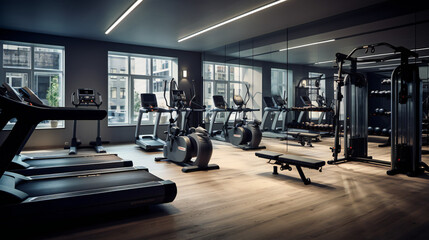 Fototapeta na wymiar Fitness center interior.modern fitness center gym club with a workout room with treadmills on a sunny day in the morning. Generative AI