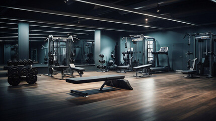 Fitness center interior.modern fitness center gym club with a workout room with treadmills on a sunny day in the morning. Generative AI