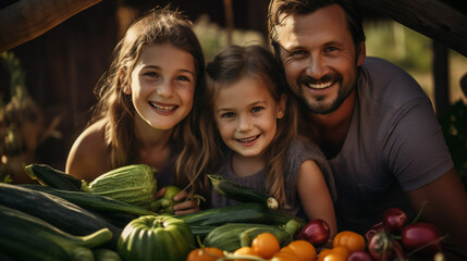 Happy family done with harvesting vegetables and smiling in Garden. Generation AI