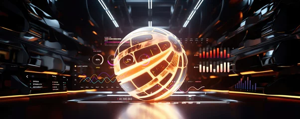 Fotobehang banner of basketball ball sports soccer, football , hand ball background poster in glossy futuristic design, glowing neon details mechanical digital look for cyber online gaming tournaments play © sizsus
