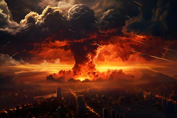 Naklejka premium A nuclear explosion, a disaster landscape with a flash of light, a giant column of fire and clouds of smoke. The release of radiant energy. Environmental disaster.