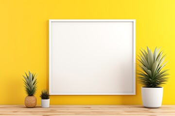 a white frame on a table with two potted plants