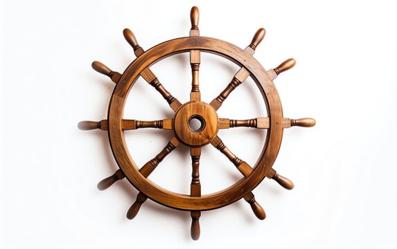 a wooden steering wheel on a white background