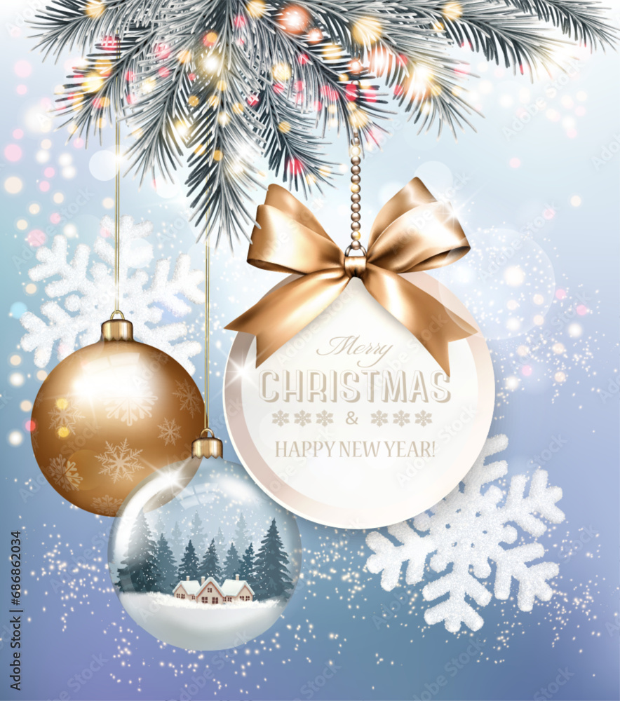 Aufkleber holiday christmas background with snowflakes and a colorful transparent balls. vector