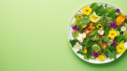 a plate of salad with flowers - obrazy, fototapety, plakaty