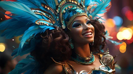 Papier Peint photo Lavable Brésil Carnival in Rio de Janeiro. A Brazilian woman, a beautiful dancer in a carnival costume with a bright festive makeup.