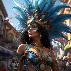 Papier Peint photo Rio de Janeiro Carnival in Rio de Janeiro. A Brazilian woman, a beautiful dancer in a carnival costume with a bright festive makeup.