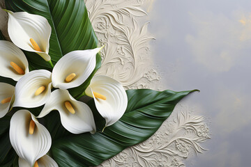 elegant bouquet with calla lilies, white flowers, floral background. whitefly.