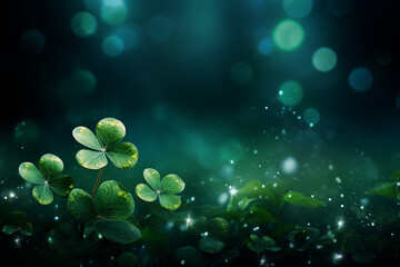 Clower leaves with sparkles and depth of field, St Patrick's day background. High quality photo - obrazy, fototapety, plakaty