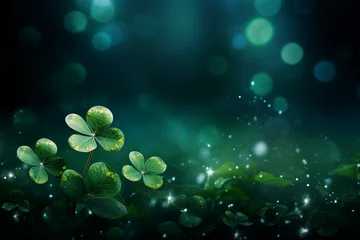 Deurstickers Clower leaves with sparkles and depth of field, St Patrick's day background. High quality photo © Starmarpro