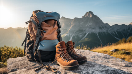 a backpack and boots on a rock - obrazy, fototapety, plakaty