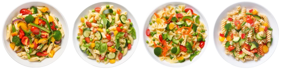 Fotobehang Pasta primavera collection, four plates with different noodle types (Penne, Farfalle, Fusilli) and mixed vegetables, top view, isolated on a white background © Flowal93