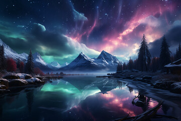 the aurora borealis in the sky, the northern lights. a colorful landscape. - obrazy, fototapety, plakaty