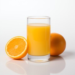 a glass of orange juice next to an orange