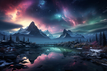 the aurora borealis in the sky, the northern night landscape without people. mountains.