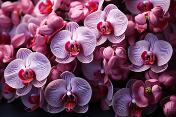 orchids, floral background, top view. a bouquet, lots of colorful exotic flowers.
