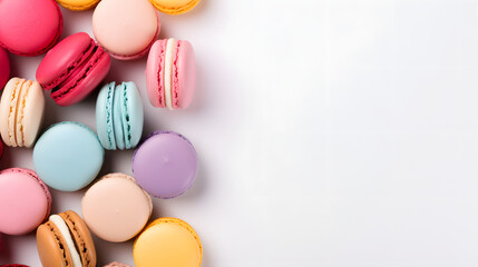 Macaroons Background, pastel colors, view from above. Delicious multicolored dessert. Cookies, pastries, flour products.