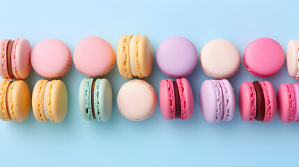 Fototapeta na wymiar Macaroons Background, pastel colors, view from above. Delicious multicolored dessert. Cookies, pastries, flour products.